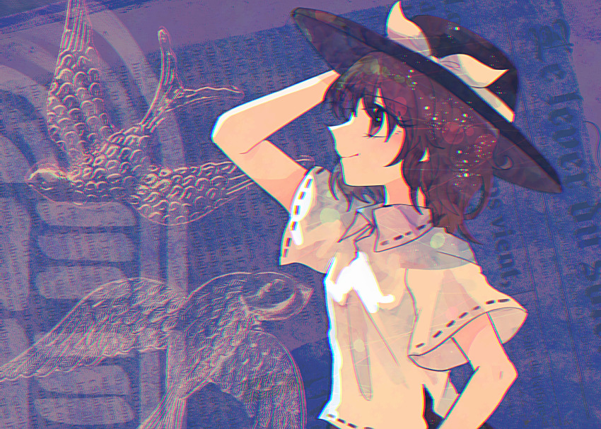 1girl black_hat brown_eyes brown_hair closed_mouth collared_shirt fedora from_side hand_on_headwear hat itomugi-kun shirt short_hair short_sleeves smile solo taboo_japan_disentanglement touhou upper_body usami_renko white_shirt