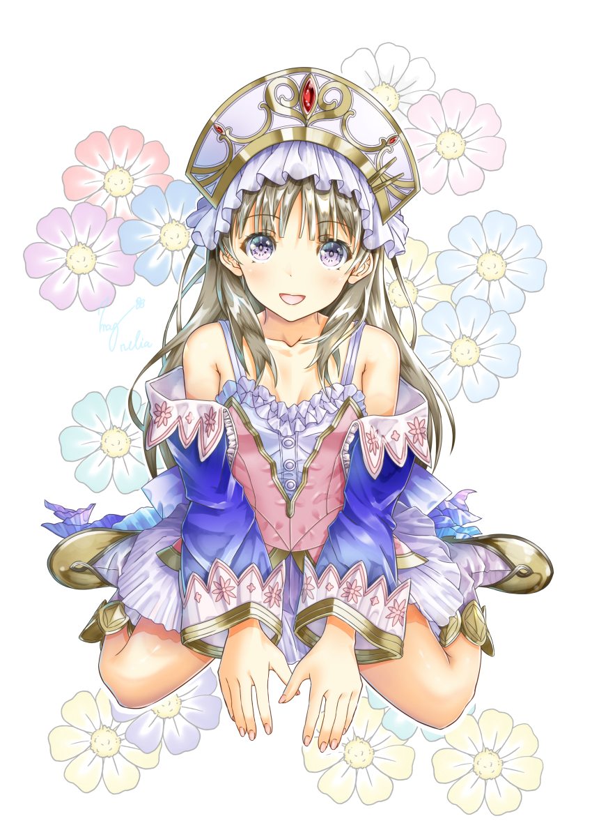 1girl absurdres atelier_(series) atelier_magnolia atelier_totori brown_hair dress flower headdress highres looking_at_viewer open_mouth shoes sitting smile solo totooria_helmold wariza white_background wide_sleeves