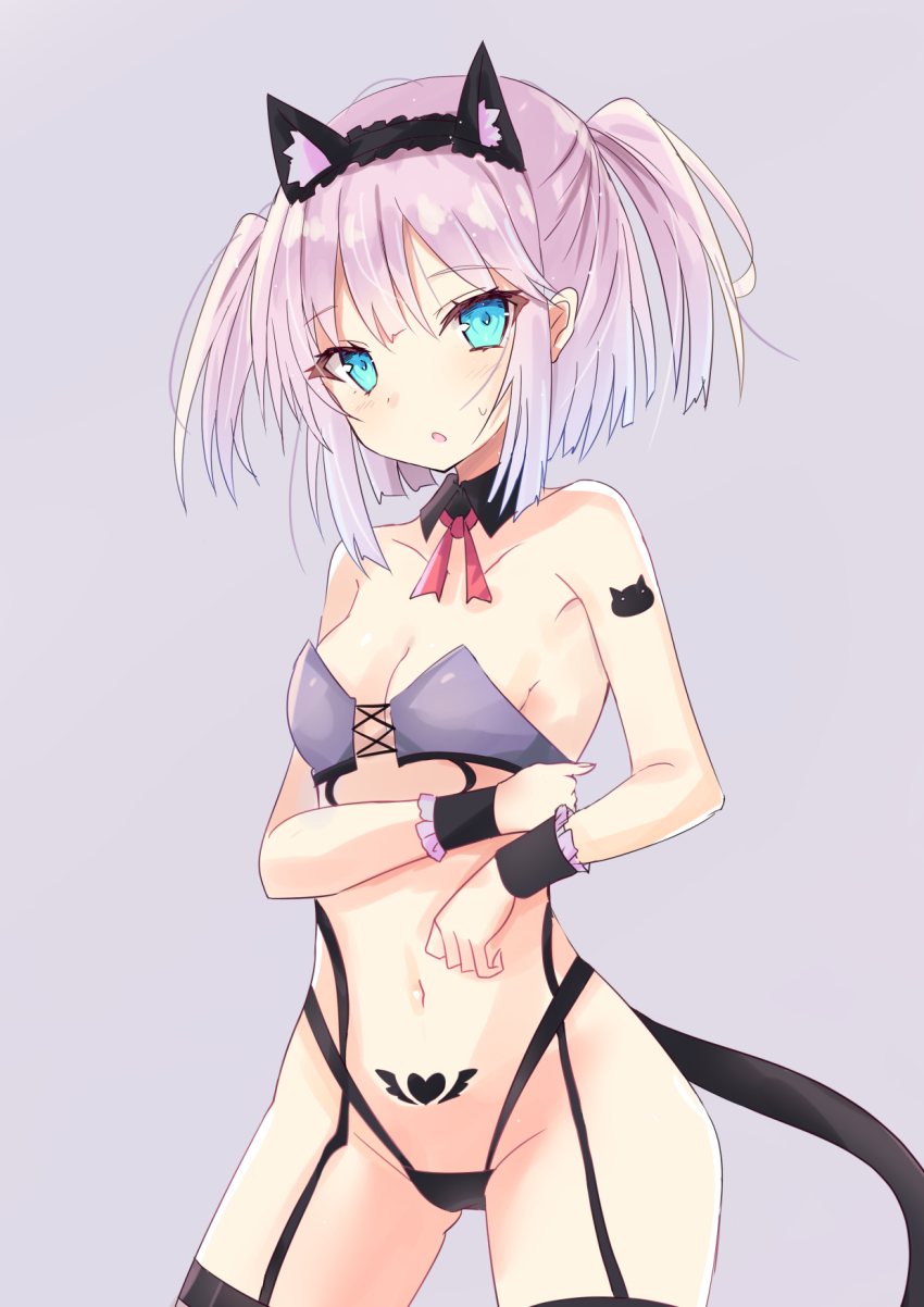 1girl animal_ear_fluff animal_ears bare_shoulders black_collar black_panties black_thighhighs blue_eyes blush breasts cat_ears chiyoda_momo cleavage collar collarbone commentary_request detached_collar fake_animal_ears groin heart highleg highleg_panties highres hizaka looking_at_viewer machikado_mazoku medium_breasts navel panties parted_lips pink_hair pubic_tattoo solo sweat tail tattoo thighhighs two_side_up underwear wing_collar wrist_cuffs