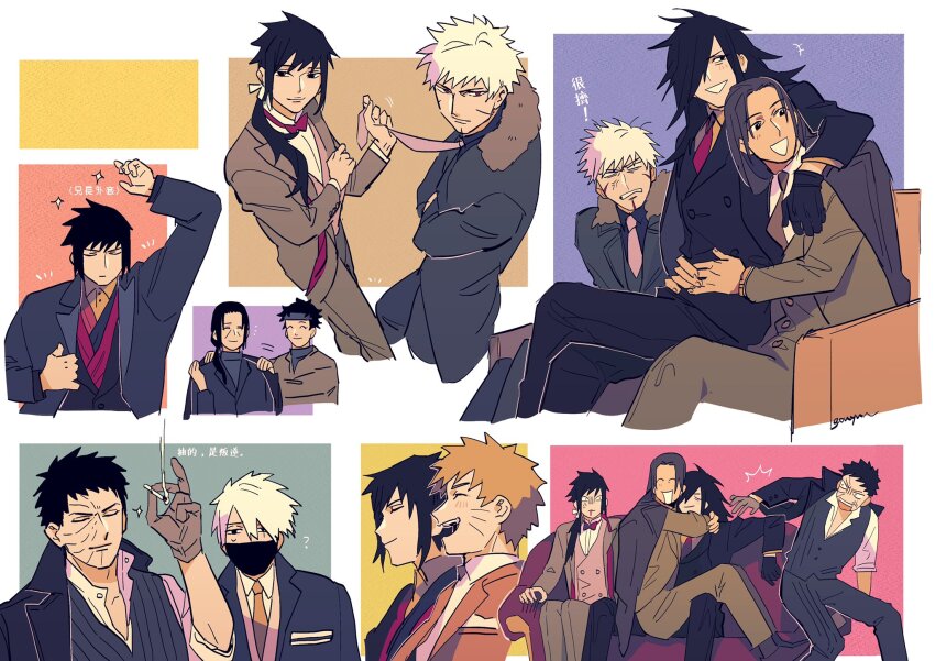 6+boys ? black_hair blonde_hair brothers brown_hair cigarette closed_eyes closed_mouth coat commentary_request couch facial_mark formal_clothes gloves grey_hair hair_over_one_eye hatake_kakashi highres holding holding_cigarette hug jacket long_hair long_sleeves looking_at_another male_focus mask mouth_mask multiple_boys naruto_(series) naruto_shippuuden necktie open_mouth pants passion07253741 scar scar_on_face senju_hashirama senju_tobirama shirt short_hair siblings sitting sitting_on_lap sitting_on_person smile smoke spiked_hair sweatdrop translation_request uchiha_itachi uchiha_izuna uchiha_madara uchiha_obito uchiha_sasuke uchiha_shisui uzumaki_naruto vest whisker_markings yaoi