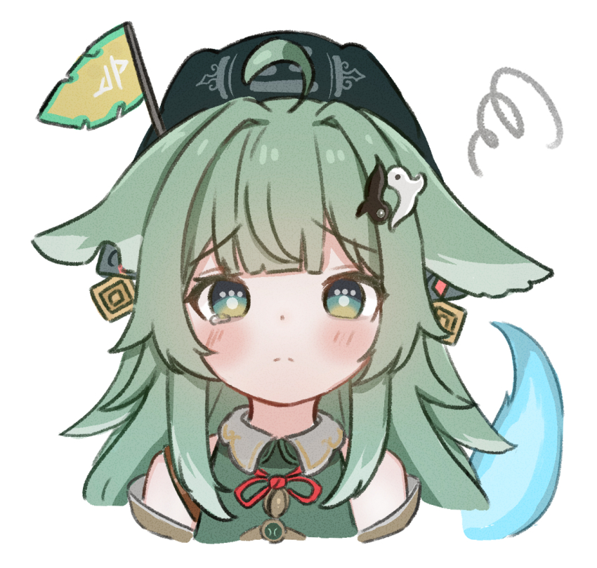 1girl ahoge animal_ears bags_under_eyes bare_shoulders blush detached_sleeves flag_hair_ornament fox_ears fujihana_(user_epad8578) green_hair hat honkai:_star_rail honkai_(series) huohuo_(honkai:_star_rail) long_hair looking_at_viewer paw-shaped_pupils pout single_tear solo symbol-shaped_pupils tail_(honkai:_star_rail) tearing_up