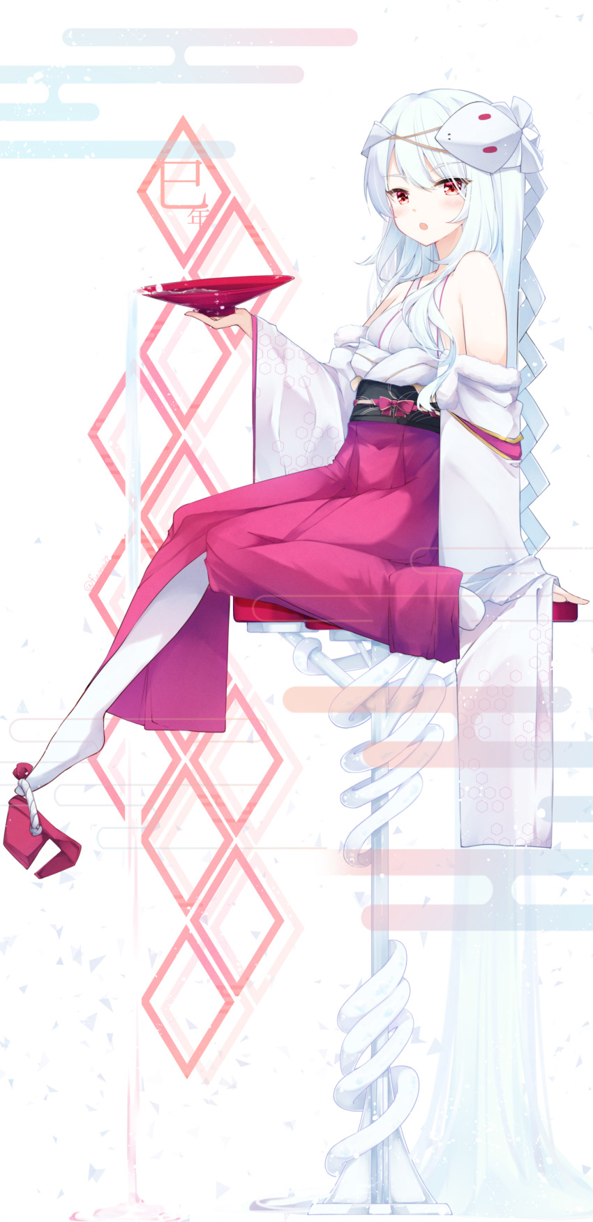 1girl :o absurdres bare_shoulders breasts chinese_zodiac commentary_request cup egasumi fang fuuna grey_hair hair_between_eyes hakama hakama_skirt highres holding japanese_clothes kimono long_hair looking_at_viewer mask mask_on_head medium_breasts no_shoes open_mouth original pantyhose pink_hakama platform_clogs platform_footwear platform_heels pouring red_eyes sakazuki shoe_dangle skirt snake_mask solo white_background white_kimono white_pantyhose year_of_the_snake