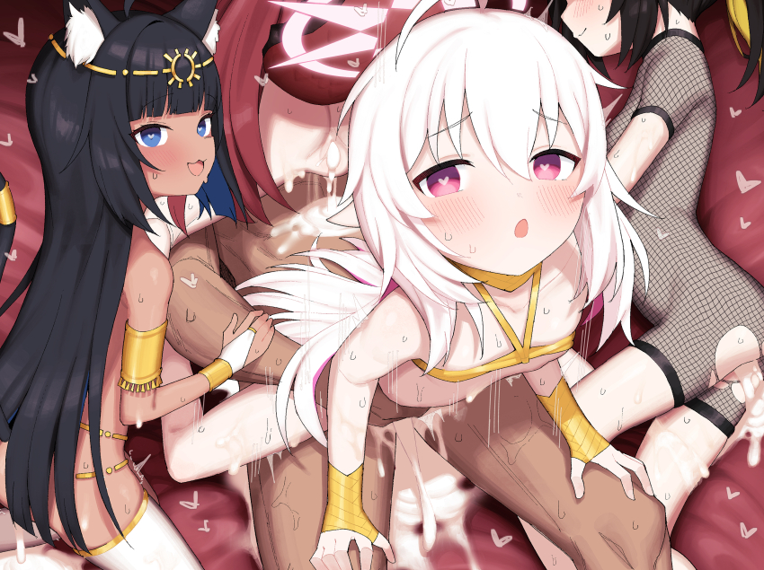 1boy 4girls absurdres aftersex age_difference animal_ear_fluff animal_ears black_hair blue_eyes bodystocking borrowed_character cat_ears cat_girl cat_tail colored_inner_hair crop_top cum cum_overflow cum_pool cumdrip dark-skinned_female dark_skin excessive_cum fishnet_bodystocking fishnets girl_on_top group_sex halo harem heart heart-shaped_pupils hetero highres ikisugi_shokudou loli long_hair looking_at_viewer multicolored_hair multiple_girls original purple_eyes purple_hair red_hair reverse_cowgirl_position sex straddling symbol-shaped_pupils tail torn_bodystocking torn_clothes torso_grab white_hair