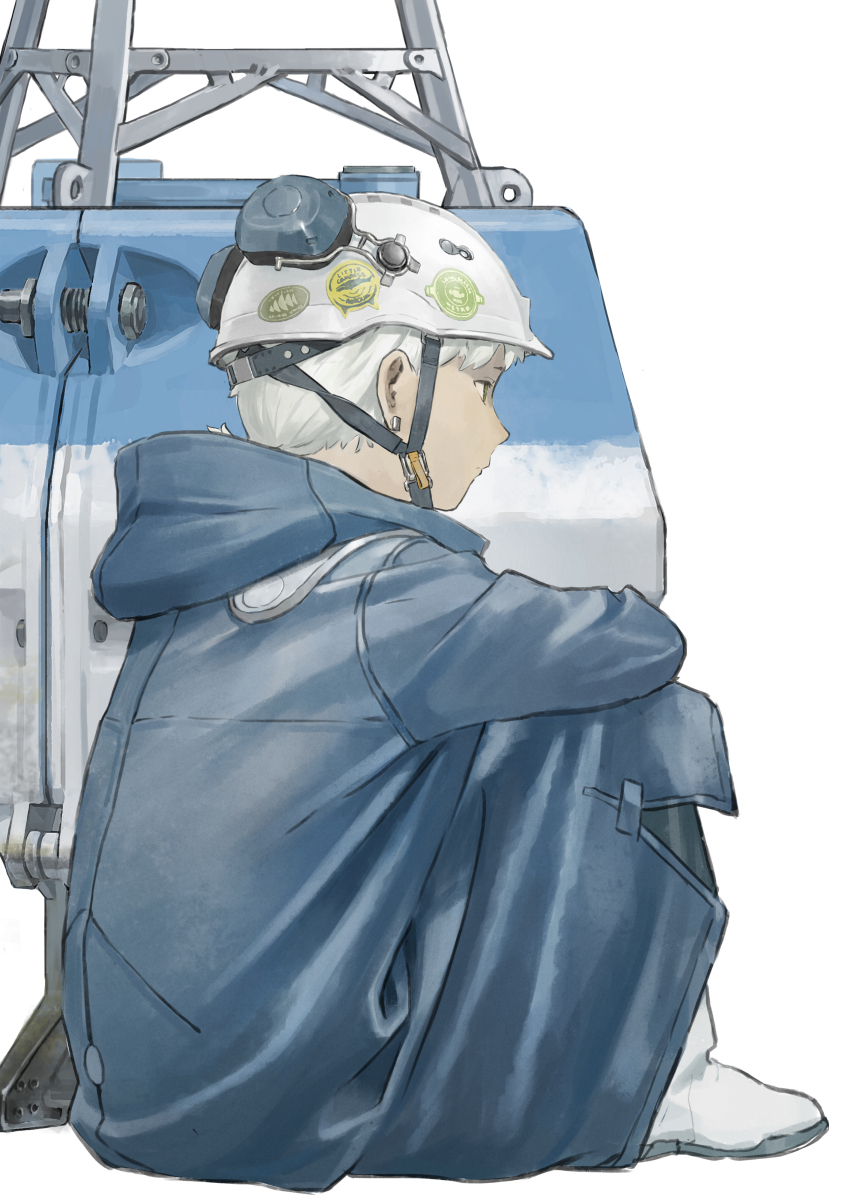 1boy absurdres blue_coat chenrong96 coat earrings expressionless from_side green_eyes grey_hair helmet highres hood hood_down hooded_coat jewelry male_focus original profile short_hair simple_background sitting white_background white_footwear white_helmet