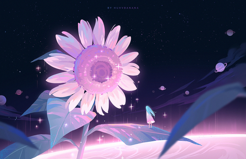 1girl aqua_hair artist_name blue_hair dress facing_away flower from_behind huhv. leaf long_hair night night_sky original planet scenery sky solo space sparkle standing star_(sky) starry_sky sunflower white_dress wide_shot
