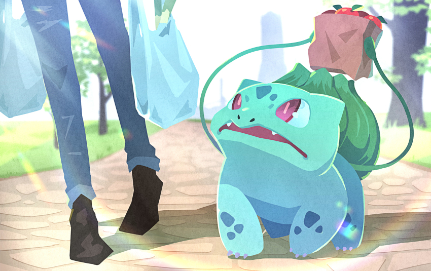 1other bag blurry bright_pupils brown_footwear bulbasaur claws commentary_request day denim fangs gen_1_pokemon grass highres holding jeans looking_up nintendo open_mouth outdoors pants paper_bag path plant pokemon purple_eyes road shoes shopping_bag spring_onion torokko tree vines