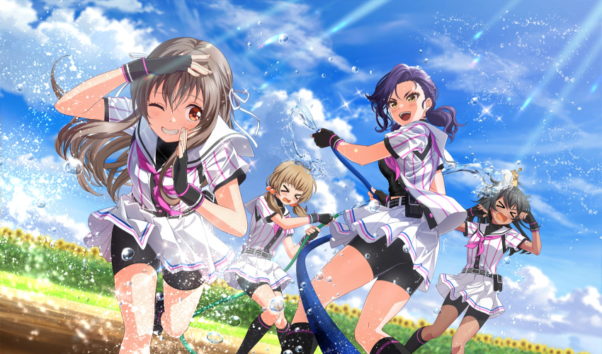 &gt;_&lt; 4girls :d akino_komugi baseball_field baseball_uniform belt belt_buckle belt_pouch bike_shorts_under_skirt black_belt black_gloves black_hair black_pouch black_shorts black_socks black_undershirt blurry buckle cinderella_series cloud cumulonimbus_cloud depth_of_field dutch_angle ear_piercing field fingerless_gloves flower flower_field game_cg gloves grin hachigatsu_no_cinderella_nine hair_bobbles hair_ornament hair_ribbon highres holding holding_hose hose izumida_kyouka light_brown_hair light_rays long_hair looking_at_another low_twintails multiple_girls naoe_tayu neckerchief non-web_source official_alternate_hairstyle official_art one_eye_closed open_clothes open_mouth open_shirt orange_eyes outdoors piercing pink_neckerchief pleated_skirt pouch purple_hair red_eyes ribbon satogahama_baseball_uniform shiina_yukari_(hachigatsu_no_cinderella_nine) shirt shirt_under_shirt short_sleeves shorts skirt sky smile socks sportswear spraying standing striped_belt striped_clothes striped_shirt sunbeam sunflower sunflower_field sunlight teeth twintails upper_teeth_only vertical-striped_clothes vertical-striped_shirt water water_drop white_ribbon wristband