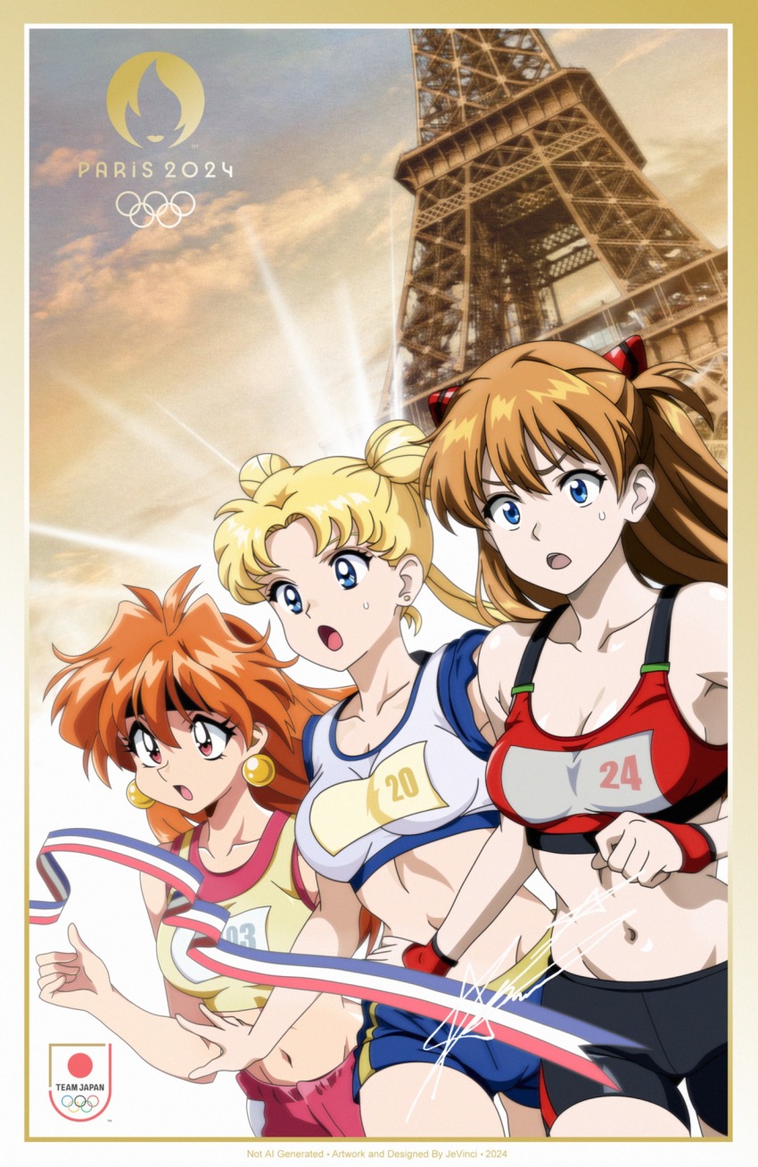 2024_summer_olympics 3girls bishoujo_senshi_sailor_moon black_shorts blonde_hair blue_eyes blue_shorts breasts brown_hair clenched_hand crossover dated double_bun eiffel_tower gainax hair_bun highres j.c._staff jevinci lina_inverse medium_breasts midriff multiple_girls navel neon_genesis_evangelion olympic_rings olympics red_eyes red_shorts running shorts slayers souryuu_asuka_langley sports_bra sunset toei_animation tsukino_usagi wristband