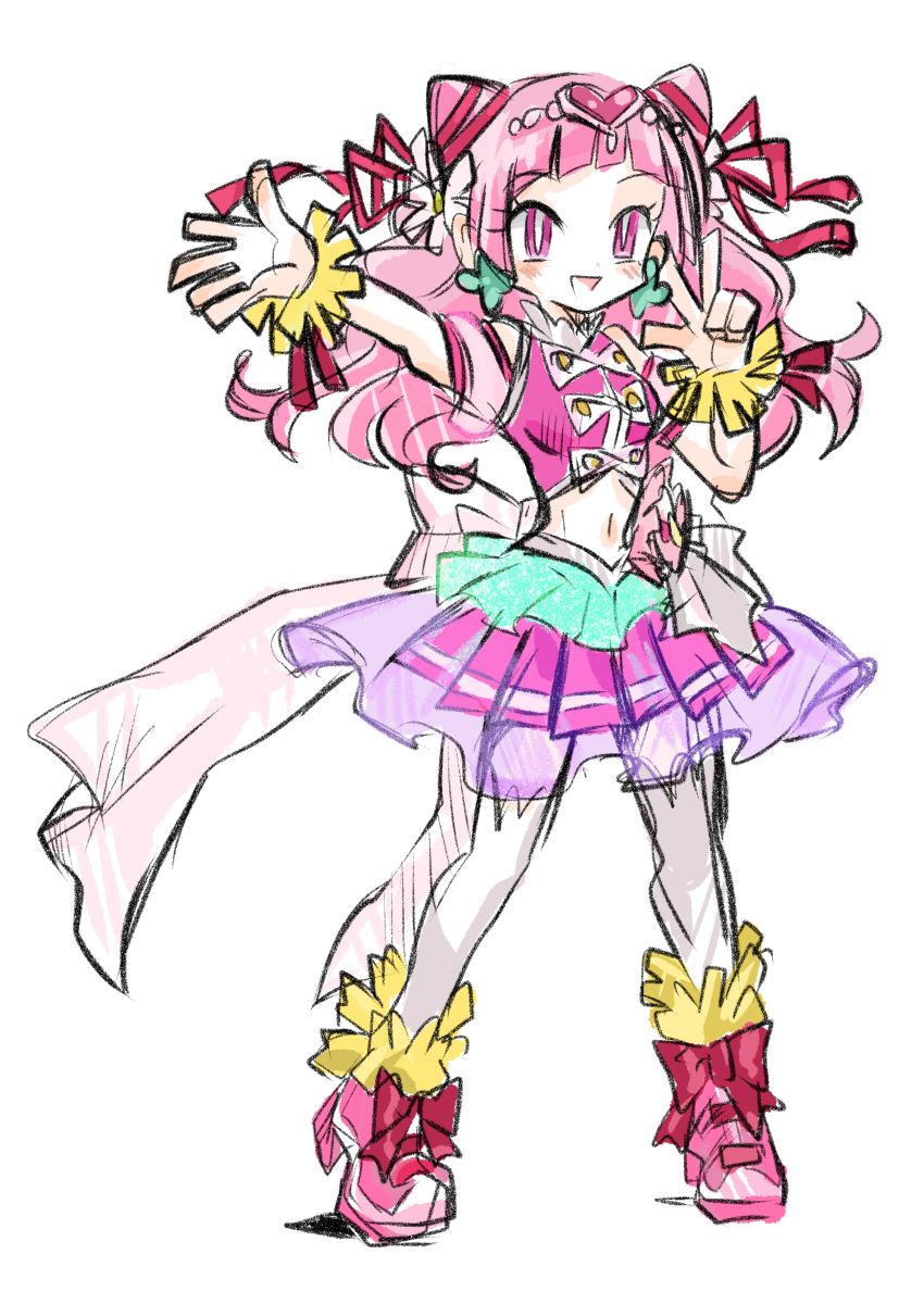 1girl absurdres bow cone_hair_bun cure_yell earrings flower hair_bun hair_flower hair_ornament hair_ribbon heart heart_hair_ornament highres hugtto!_precure jewelry long_hair looking_at_viewer magical_girl navel nono_hana open_mouth pink_eyes pink_hair pink_skirt precure rakugaki_shitagari-ya ribbon skirt smile solo thighhighs