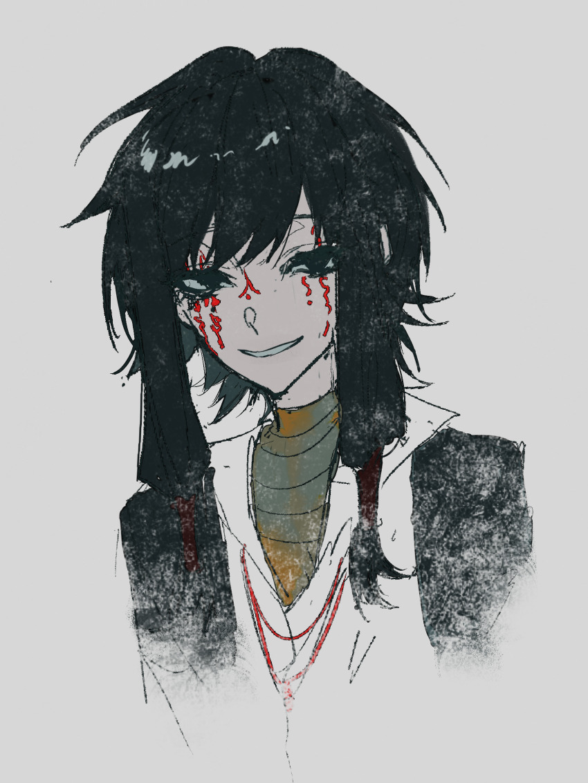 1boy alariess bandaged_chest black_background black_eyes black_hair chinese_commentary collared_shirt commentary_request cropped_torso facepaint grey_background grin highres jacket looking_at_viewer male_focus open_clothes open_jacket shirt short_hair_with_long_locks sidelocks simple_background smile solo touqi_guaitan variant_set white_shirt ziche_fuzhao