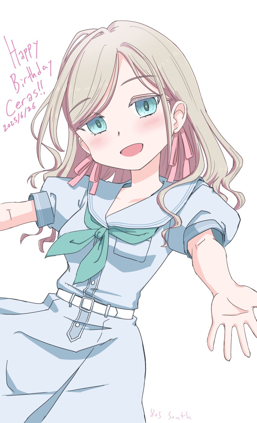 1girl 805_south :d absurdres aqua_neckerchief blue_dress blue_eyes blue_sailor_collar blush breast_pocket ceras_yanagida_lilienfeld character_name commentary_request dated dress english_text grey_hair hair_ribbon happy_birthday hasu_no_sora_school_uniform highres link!_like!_love_live! looking_at_viewer love_live! neckerchief open_hand open_mouth outstretched_arms parted_bangs pink_ribbon pocket puffy_short_sleeves puffy_sleeves ribbon sailor_collar school_uniform short_sleeves simple_background smile solo summer_uniform virtual_youtuber white_background