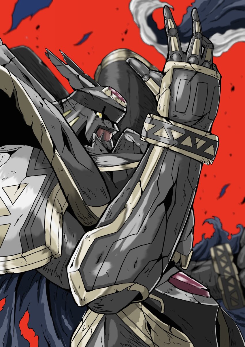 alphamon armor black_armor black_cape black_eyes broken_armor cape colored_sclera commentary digimon digimon_(creature) from_side hand_up highres looking_at_viewer mecha no_humans open_hand red_background revision robot sawa_d sideways_glance solo torn_cape torn_clothes upper_body yellow_sclera