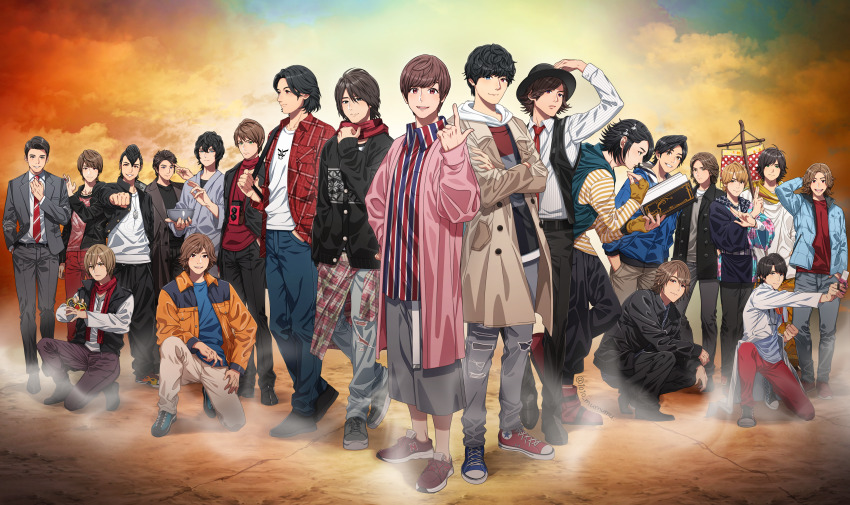 1010_mumumu 6+boys absurdres asymmetrical_footwear black_hair blue_jacket book brown_coat brown_hair camera camera_around_neck clenched_hand coat crossed_arms denim fedora fingerless_gloves formal_clothes gloves godai_yuusuke grey_suit hands_in_pockets hat hidari_shoutarou highres hino_eiji houjou_emu index_finger_raised inui_takumi jacket japanese_clothes jeans kadoya_tsukasa kamen_rider kamen_rider_555 kamen_rider_agito_(series) kamen_rider_blade_(series) kamen_rider_build_(series) kamen_rider_dcd kamen_rider_den-o_(series) kamen_rider_drive_(series) kamen_rider_ex-aid_(series) kamen_rider_fourze_(series) kamen_rider_gaim_(series) kamen_rider_ghost_(series) kamen_rider_hibiki kamen_rider_hibiki_(series) kamen_rider_kabuto_(series) kamen_rider_kiva_(series) kamen_rider_kuuga_(series) kamen_rider_ooo_(series) kamen_rider_ryuki_(series) kamen_rider_w kamen_rider_wizard_(series) kamen_rider_zi-o_(series) kazuraba_kouta kenzaki_kazuma kidou_shinji kimono kiryuu_sento kisaragi_gentarou kivat-bat_iii kurenai_wataru lab_coat leather leather_jacket mismatched_footwear multiple_boys necktie nogami_ryoutarou on_one_knee pants philip_(kamen_rider) pink_coat plaid_clothes plaid_jacket pompadour reading red_scarf scarf shirt smile souma_haruto squatting striped_clothes striped_shirt suit tendou_souji tenkuuji_takeru tokiwa_sougo tomari_shinnosuke torn_clothes torn_jeans torn_pants tsugami_shouichi