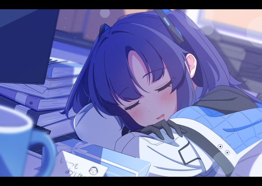 1girl absurdres aot. arm_support black_gloves blanket blue_archive blue_hair book book_stack closed_eyes commentary_request cup doodle_sensei_(blue_archive) gift gloves highres light_particles mug parted_lips sensei_(blue_archive) shirt sleeping sleeping_on_desk solo translation_request two_side_up white_shirt