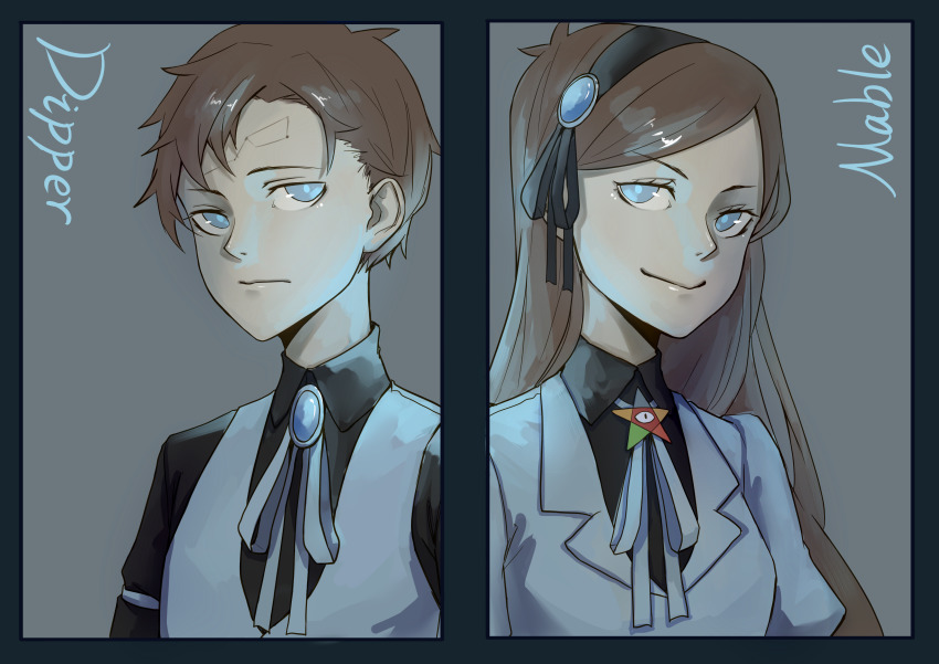 1boy 1girl absurdres aqua_eyes aqua_vest ascot big_dipper blue_border border brooch brother_and_sister brown_hair collared_shirt constellation dark_persona dipper_gleeful dipper_pines facial_mark forehead_mark formal_clothes gem gravity_falls grey_background hair_ornament hairband highres jewelry long_hair mabel_gleeful mabel_pines mr.c_(bchana) pentagram shirt short_hair siblings side-by-side swept_bangs twins vest