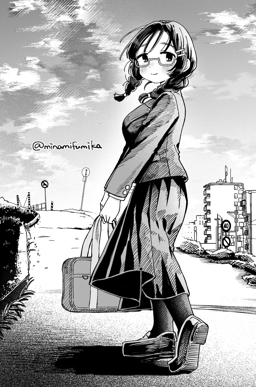 1girl absurdres bag blush braid building cloud cloudy_sky glasses greyscale hair_ornament hairclip hatching_(texture) highres holding holding_bag looking_at_viewer miyama_(kannsannn) monochrome original outdoors pantyhose pleated_skirt road road_sign semi-rimless_eyewear shoes sign skirt sky smile solo turning_head twin_braids twitter_username