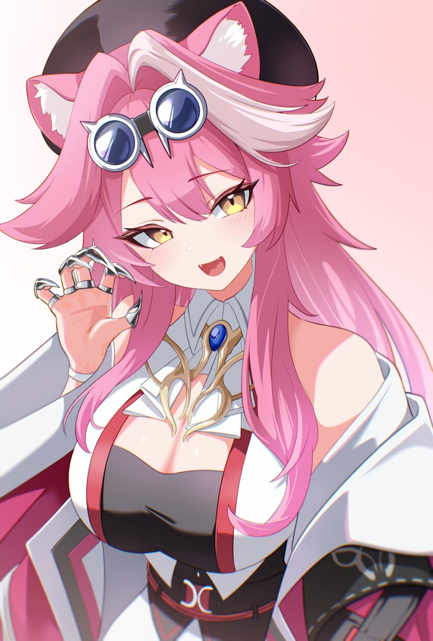 1girl absurdres animal_ears ascot bare_shoulders beret black_hat blue_gemstone blush breasts claw_pose claws cleavage coat collared_shirt eyeshadow fangs gem goggles goggles_on_head hair_intakes hat highres hololive hololive_english large_breasts long_hair long_sleeves looking_at_viewer makeup multicolored_hair open_clothes open_coat open_mouth panther_ears panther_girl pink_background pink_coat pink_eyeshadow pink_hair raora_panthera raora_panthera_(1st_costume) shirt sleeveless sleeveless_shirt smile solo streaked_hair tachi_(bokarokazoku) underbust virtual_youtuber white_ascot white_shirt yellow_eyes