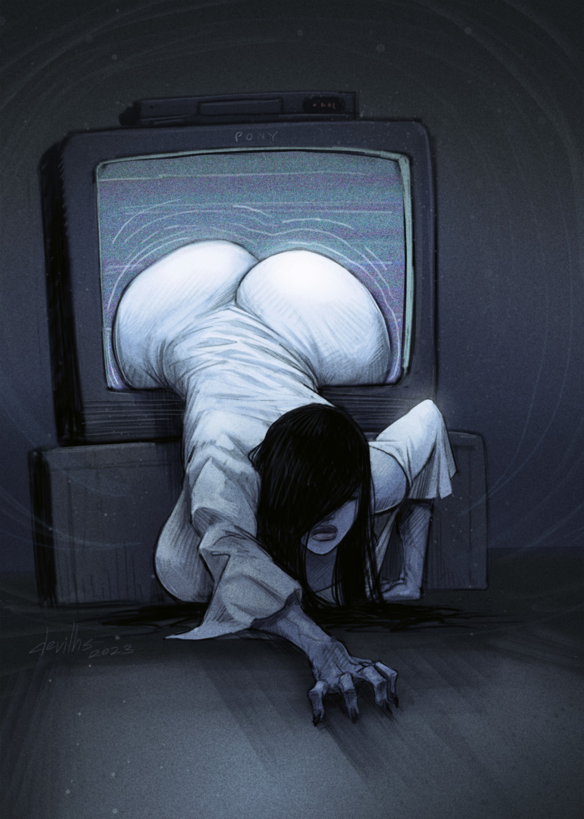 1girl ass black_hair black_nails brand_name_imitation breasts colored_skin crawling crt devilhs dress grey_lips grey_skin hair_over_eyes hair_over_face hanging_breasts highres horror_(theme) huge_ass impossible_clothes impossible_dress large_breasts lips long_dress long_hair off-shoulder_dress off_shoulder solo sony television the_ring through_medium through_screen videocassette_recorder white_dress wide_hips yamamura_sadako