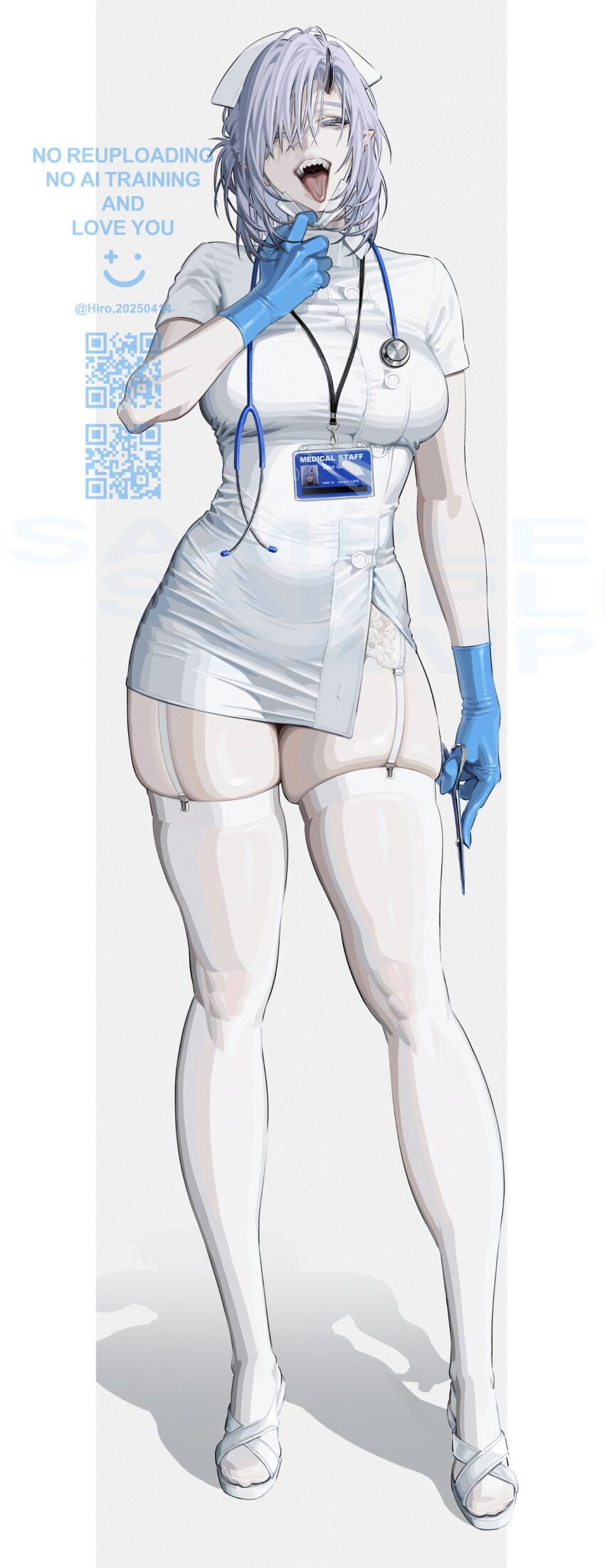 1girl absurdres blue_eyes breasts cleavage commentary covered_navel cowboy_shot elliot_(zkstxxx) english_commentary eyelashes full_body garter_belt garter_straps gloves grey_hair hat highres horns lanyard large_breasts lips looking_at_viewer mask mask_pull medium_breasts mouth_mask nurse nurse_cap oni original phantasy_star phantasy_star_online_2 pointy_ears purple_eyes purple_hair scissors sharp_teeth short_hair simple_background single_horn skin_tight skindentation solo squinting stethoscope teeth thick_thighs thighhighs thighs tongue tongue_out watermark white_background zkstxxx