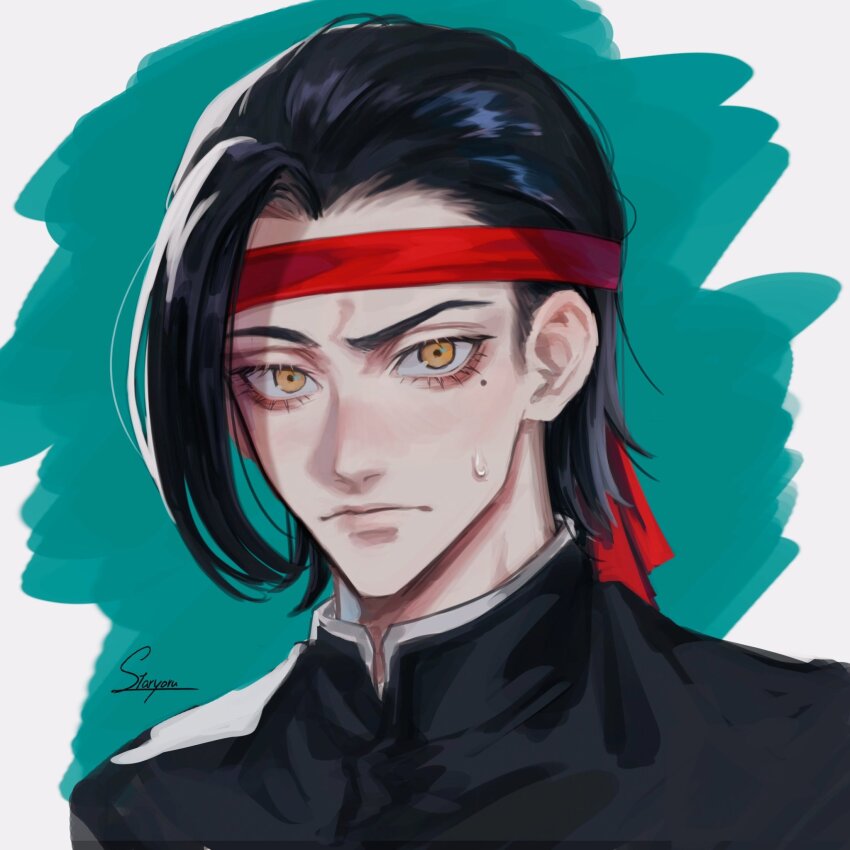 1boy artist_name black_hair chainsaw_man gakuran headband highres iseumi_haruka looking_at_viewer mole mole_under_eye red_headband school_uniform short_hair signature single_sidelock solo staryoruu sweatdrop two-tone_background yellow_eyes