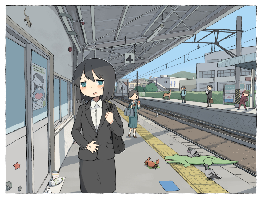 2boys 3girls @_@ bag bird black_bag black_hair black_jacket black_skirt blue_eyes blush bottle chopsticks collared_shirt commentary_request crab crocodile crocodilian cup_ramen deer dot_nose fumiko_(rubra_plumeria) furrowed_brow green_serafuku green_skirt hand_on_own_stomach highres holding holding_phone holding_strap jacket lizard long_sleeves multiple_boys multiple_girls open_mouth original outdoors pencil_skirt phone pigeon poster_(object) school_bag school_uniform serafuku shirt short_hair shoulder_bag skirt snake starfish sweat train_station train_station_platform translation_request water_bottle white_shirt