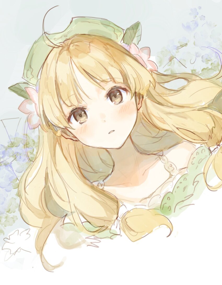 1girl ahoge atelier_(series) atelier_ayesha ayesha_altugle bare_shoulders blonde_hair brown_eyes commentary_request flower hair_flower hair_ornament hat highres le21day long_hair looking_at_viewer parted_lips pink_flower solo upper_body