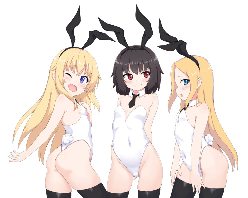 3girls absurdres animal_ears ass black_hair black_souls blonde_hair blue_eyes blush breasts covered_navel edith_liddell_(black_souls) fake_animal_ears highres leotard long_hair looking_at_viewer lorina_(black_souls) lorina_liddell_(black_souls) multiple_girls one_eye_closed open_mouth playboy_bunny purple_eyes rabbit_ears red_eyes ribbonsnek short_hair simple_background small_breasts smile thighhighs white_background white_leotard
