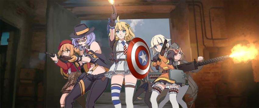 5girls ahoge american_flag asymmetrical_legwear beret blonde_hair blue_eyes blue_hair brown_hair browning_m1919 captain_america_(series) fedora girls&#039;_frontline gun hair_ornament hairclip handgun hat holding holding_gun holding_weapon m1897_(girls&#039;_frontline) m1911_(girls&#039;_frontline) m1919a4_(girls&#039;_frontline) machine_gun marvel medium_machine_gun mismatched_legwear multiple_girls necktie photo-referenced pleated_skirt pump_action shield shield_module shirt short_hair shotgun shotgun_shell skirt sten_gun sten_mkii_(girls&#039;_frontline) submachine_gun sunglasses tab_(tabkun) thompson_(girls&#039;_frontline) weapon white_shirt winchester_model_1897 world_war_ii