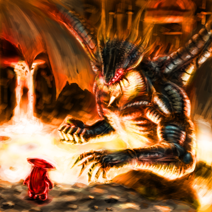 aura dark_souls_(series) dark_souls_i demon&#039;s_souls dragon dragon_god_(demon&#039;s_souls) fromsoftware glowing glowing_eyes highres horns hot_water_(artist) lava mushroom mushroom_parent no_humans oyu_(mxqxm) red_eyes size_difference