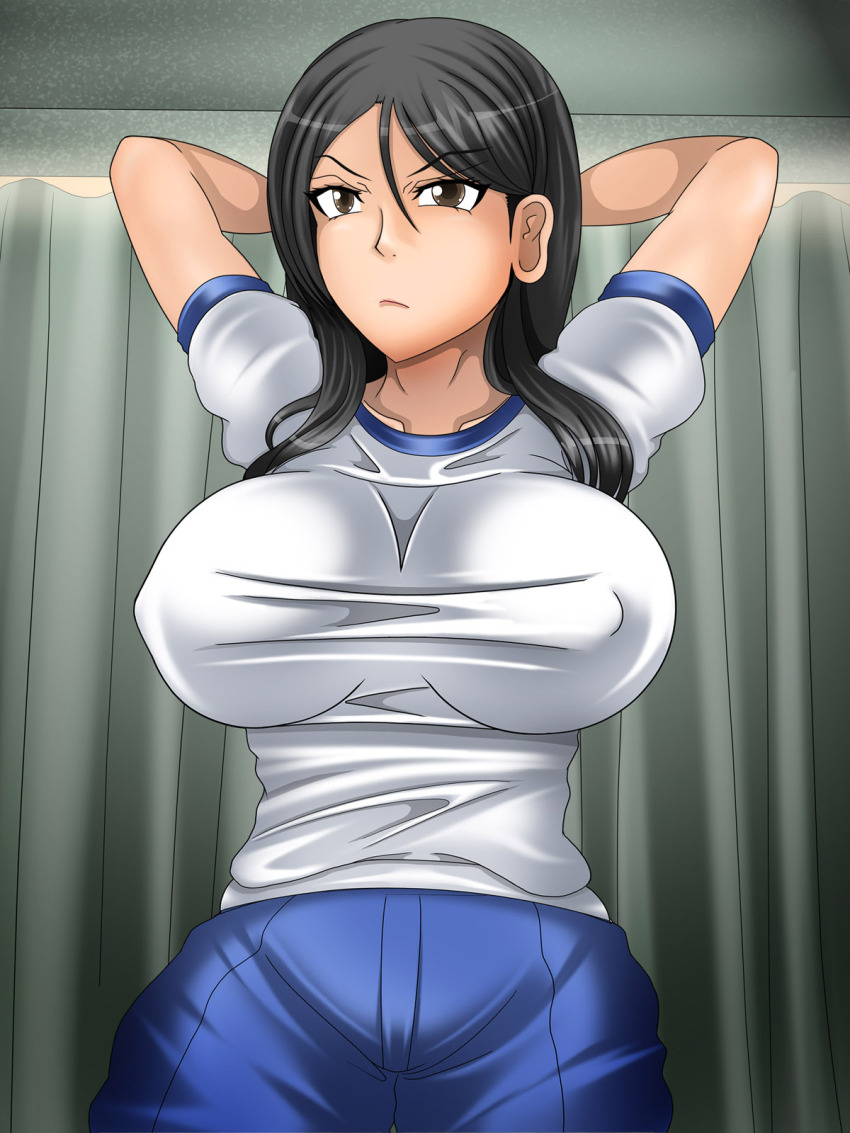 1girl a_certain_high_school_gym_uniform arms_behind_head arms_up bare_arms black_hair blue_shorts breasts brown_hair closed_mouth commentary_request covered_erect_nipples cowboy_shot fukiyose_seiri gym_shirt gym_shorts gym_uniform hair_between_eyes highres indoors large_breasts large_variant_set lips long_hair shirt short_sleeves shorts sidelocks solo standing toaru_majutsu_no_index toaru_majutsu_no_index:_old_testament v-shaped_eyebrows variant_set white_shirt yoga_(0413011)