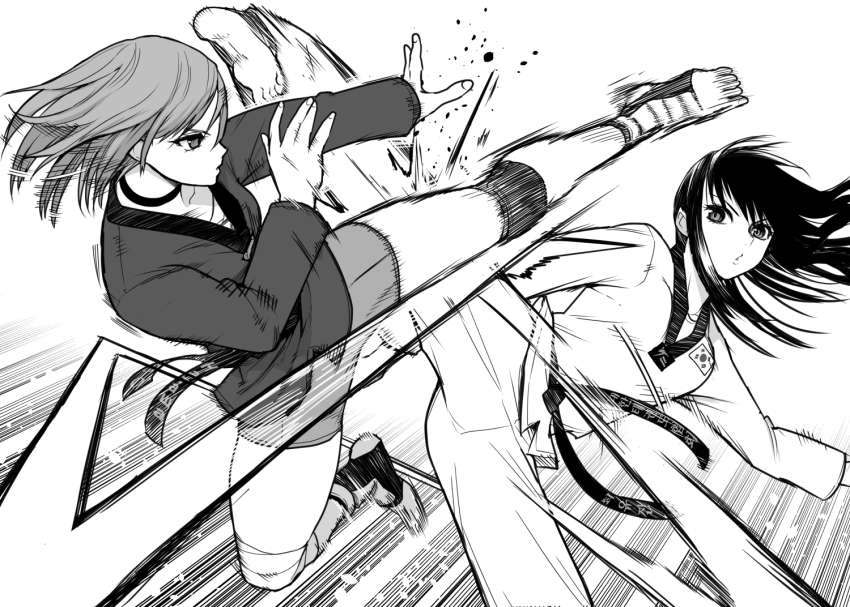 2girls aqua_eyes artist_request bandaged_knees barefoot battle belt bike_shorts black_belt black_choker black_hair black_trim catfight character_request choker collarbone commentary_request diamond_mouth dougi feet fingernails flying_kick gradient_background greyscale high_kick jade_lane karate kicking knee_pads legs_apart looking_at_another martial_arts medium_hair monochrome motion_blur motion_lines multiple_girls original parted_lips pink_hair shorts soles south_korean_flag stirrup_legwear taekwondo thick_thighs thighs toeless_legwear white_background wind