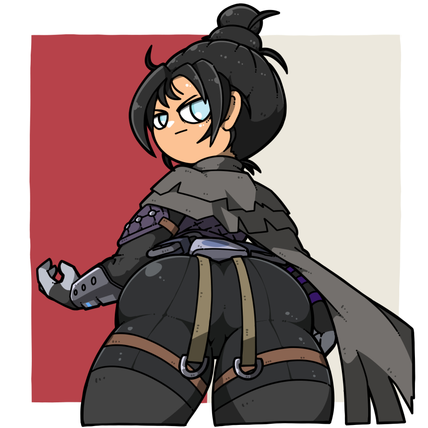 1girl :| apex_legends ass black_bodysuit black_hair blue_eyes bodysuit closed_mouth from_behind grey_scarf hair_bun highres looking_back name_omoitukan2 scarf short_hair single_hair_bun solo wraith_(apex_legends)
