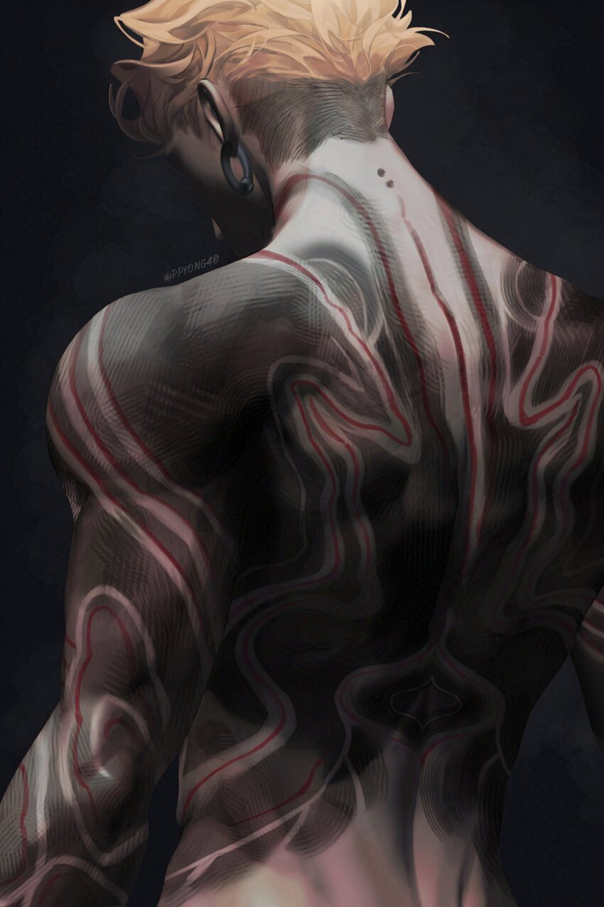 1boy absurdres arm_tattoo back back_focus back_tattoo blonde_hair dark earrings enjin_(gachiakuta) facing_away from_behind gachiakuta highres jewelry male_focus median_furrow nude ppyong40 short_hair solo tattoo twitter_username undercut upper_body