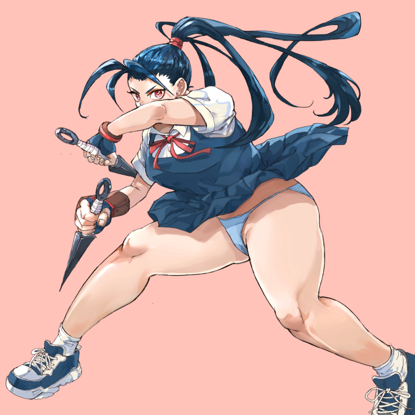 1girl antenna_hair blue_eyes blue_gloves blue_skirt blue_sweater_vest breasts elbow_gloves fingerless_gloves gloves hajime_(kuninotokotatinokami) highres holding holding_weapon ibuki_(street_fighter) kunai large_breasts long_hair messy_hair panties ponytail red_background school_uniform shoes skirt sneakers socks solo street_fighter street_fighter_v sweater_vest thick_thighs thighs underwear upskirt weapon white_panties