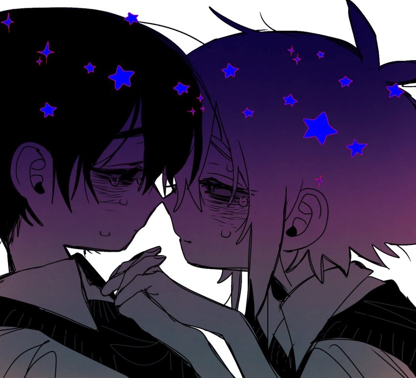 2boys antenna_hair basil_(faraway)_(omori) basil_(omori) closed_eyes closed_mouth collared_shirt crying holding_hands kobanzame_omo limited_palette looking_at_another male_focus multiple_boys omori shirt short_hair simple_background sunny_(omori) sweater_vest white_background