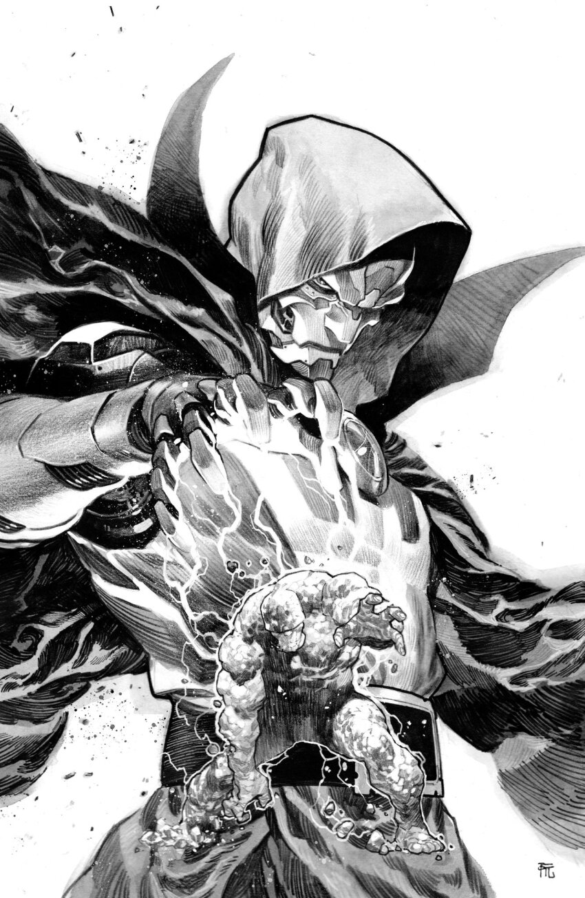 2boys armor ben_grimm cape dike_ruan doctor_doom electricity fantastic_four full_body greyscale highres hood jewelry looking_at_viewer marvel mask monochrome multiple_boys upper_body