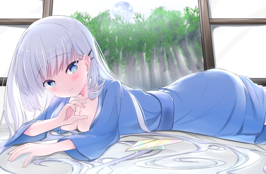 1girl absurdres alternate_costume bloom blue_eyes blue_kimono blunt_ends blush breasts cleavage closed_mouth collarbone commentary cowboy_shot day from_side hair_behind_ear hair_between_eyes hair_ornament hair_over_shoulder hair_spread_out hairclip hand_up highres indoors japanese_clothes kimono long_hair long_sleeves looking_at_viewer lying medium_breasts miraikanai naruse_shiroha on_stomach open_door paper_airplane parallel_hairclips ringed_eyes shouji sliding_doors smile solo split_mouth summer_pockets very_long_hair white_hair wide_sleeves