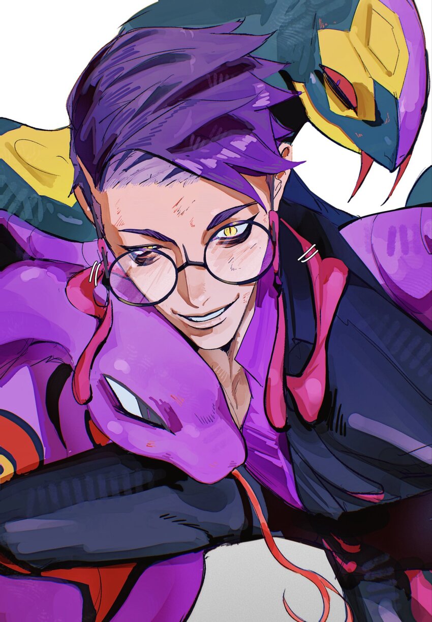 1boy arbok black-framed_eyewear black_jacket black_pants corbeau_(pokemon) formal_clothes gen_1_pokemon gen_3_pokemon glasses highres jacket male_focus nintendo pants pokemon pokemon_legends:_z-a purple_hair purple_shirt round_eyewear seviper shirt short_hair shu0718 smile solo squatting suit suit_jacket undercut yellow_eyes