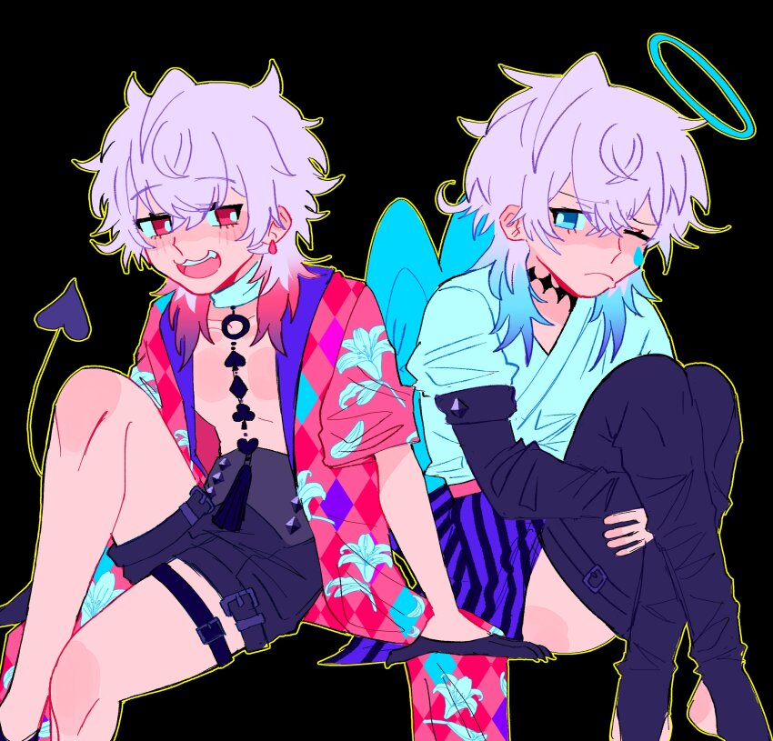 2boys absurdres angel angel_wings arm_support bishounen black_background black_gloves black_shorts blue_eyes blue_hair blush boots commentary demon_tail diamond_choker earrings english_commentary eyelashes feet_out_of_frame floral_print gavis_bettel gavis_bettel_(1st_costume) gloves grey_hair hair_between_eyes halo highres holostars holostars_english hugging_own_legs jewelry knees_up lily_print looking_at_another male_focus medium_hair multicolored_hair multiple_boys one_eye_closed open_mouth outline pink_eyes pink_hair robotcowboys scarf shorts sitting tail teardrop thigh_boots thigh_strap virtual_youtuber white_scarf wings yellow_outline