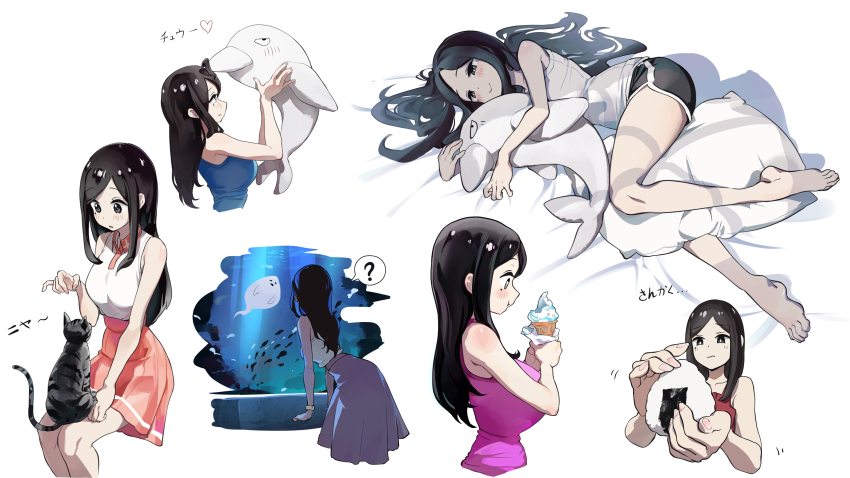 1girl aquarium black_eyes black_hair blush breasts cat dolphin_shorts food highres ice_cream large_breasts manta_ray medium_hair mo0o0rae mole mole_under_eye onigiri pillow sakurai_touko senpai_ga_uzai_kouhai_no_hanashi shiromanta_(character) shirt shorts sidelocks stuffed_animal stuffed_dolphin stuffed_toy