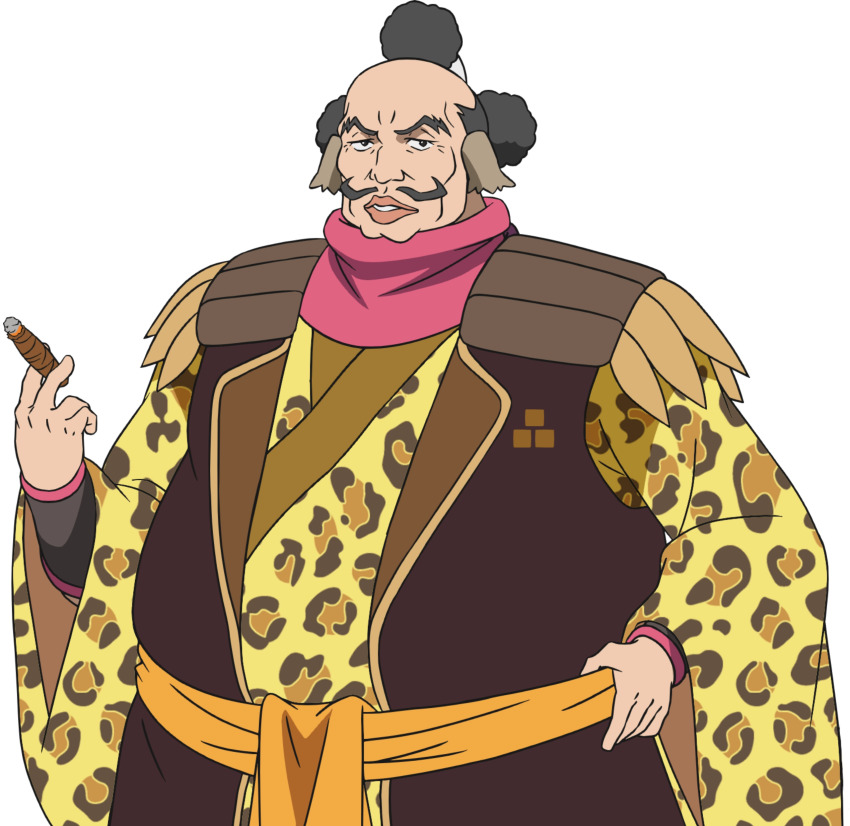 1boy absurdres animal_ears aquaplus arm_up black_eyes black_hair cigar cowboy_shot dekopompo fat fat_man hand_on_own_hip highres holding holding_cigar long_sleeves looking_at_viewer nakata_masahiko nose official_art parted_lips short_hair solo standing thick_lips transparent_background utawarerumono utawarerumono:_futari_no_hakuoro utawarerumono:_itsuwari_no_kamen white_fox_(company) wide_sleeves