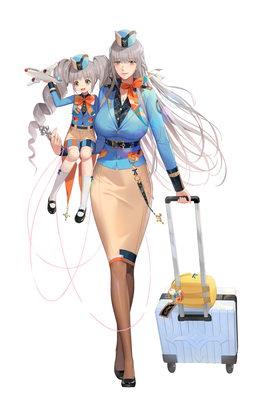 2girls absurdres aircraft airplane black_footwear black_survival blue_jacket breasts brown_eyes chloe_lim ddollydonut doll_joints flight_attendant grey_hair hat highres huge_breasts jacket joints long_hair marionette multiple_girls nina_(black_survival) official_alternate_costume pantyhose pencil_skirt puppet skirt suitcase thread toy transparent_background travel_attendant twintails
