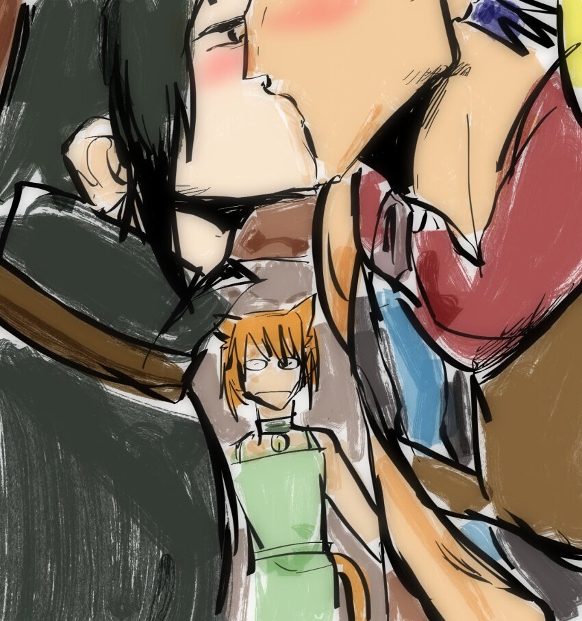 1girl 2boys alt_text animal_ears black_hair blue_hair cat_ears commentary english_commentary fire_emblem fire_emblem:_radiant_dawn highres ike_(fire_emblem) kargofreakx kiss meme multiple_boys nintendo parody short_hair soren_(fire_emblem) tail white_album_(series) white_album_2 white_album_2_kiss_scene_(meme) yaoi