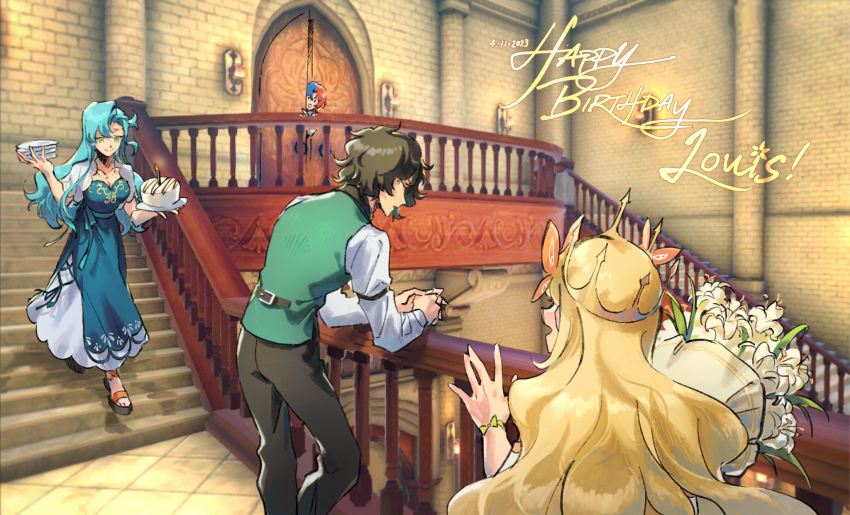 2boys 2girls male_alear_(fire_emblem) birthday_cake black_hair blonde_hair blue_hair bouquet butterfly_hair_ornament cake celine_(fire_emblem) chloe_(fire_emblem) crown dress fire_emblem fire_emblem_engage flower food hahahashagi hair_ornament highres holding holding_bouquet holding_food long_hair long_sleeves looking_at_another louis_(fire_emblem) multicolored_hair multiple_boys multiple_girls nintendo red_hair short_hair two-tone_hair