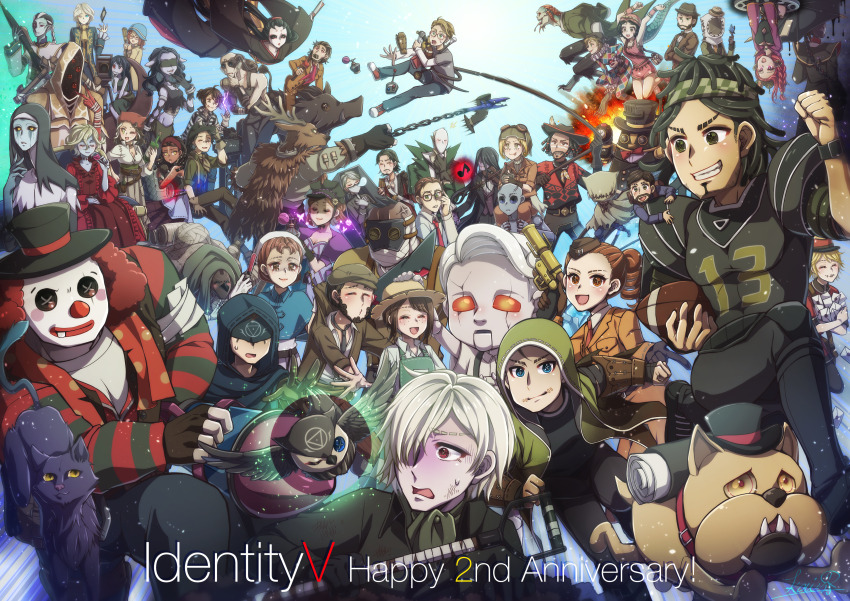 6+boys 6+girls absurdres american_football_(object) anniversary ball bird black_hair black_sclera blindfold blonde_hair blue_butterfly blush book bottle brown_eyes brown_hair buck_teeth bug butterfly cat character_request closed_eyes clown_nose colored_sclera commentary_request copyright_name costume_request demi_bourbon dog dress ear_piercing facial_hair fingerless_gloves glasses gloves goggles goggles_on_headwear green_eyes hair_over_one_eye hat highres holding holding_bottle holding_syringe holding_weapon identity_v insect instrument jie_(pome-world1010) mask melly_plinius mole multiple_boys multiple_girls musical_note mustache necktie one_eye_closed owl piercing red_dress red_eyes red_hair red_necktie smile syringe teeth weapon white_hair yellow_eyes