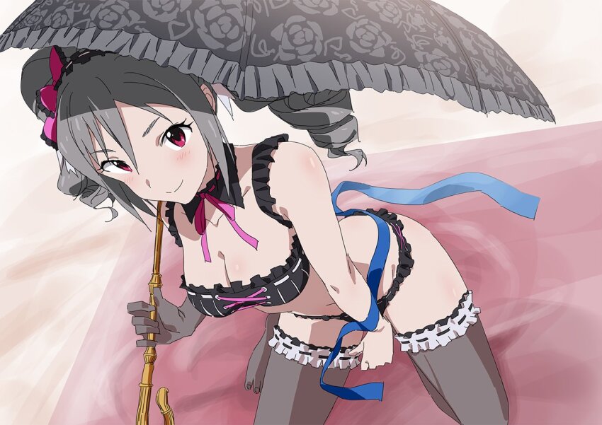 1girl bikini bikini_day blush bra breasts choppy_bangs cleavage detached_collar detached_sleeves drill_hair frilled_bra frilled_hairband frilled_thighhighs frills from_above gloves grey_hair hairband holding holding_umbrella idolmaster idolmaster_cinderella_girls kanzaki_ranko kneeling large_breasts light_blush looking_at_viewer navel red_eyes ringlets single_glove solo swimsuit taku1122 thighhighs twin_drills umbrella underwear