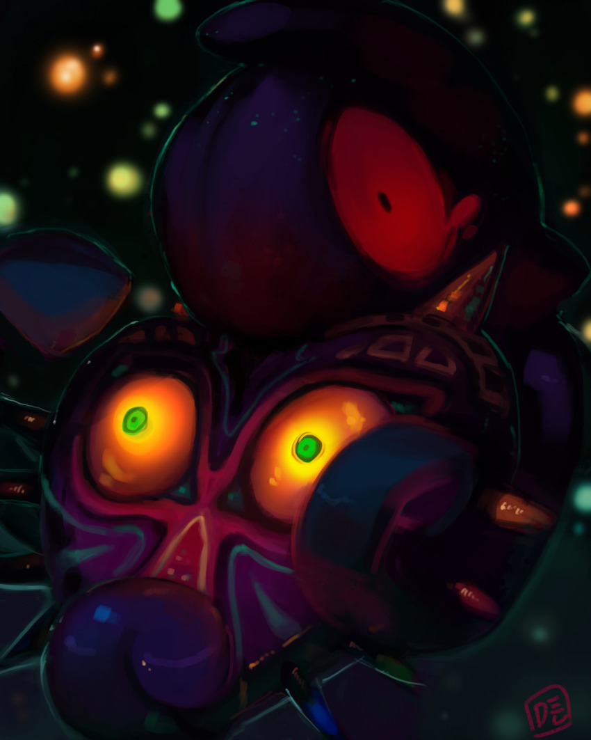 commentary creature crossover delano-laramie english_commentary gen_5_pokemon green_eyes highres holding holding_mask majora_(entity) mask nintendo no_humans pokemon pokemon_(creature) red_eyes signature the_legend_of_zelda the_legend_of_zelda:_majora&#039;s_mask yamask