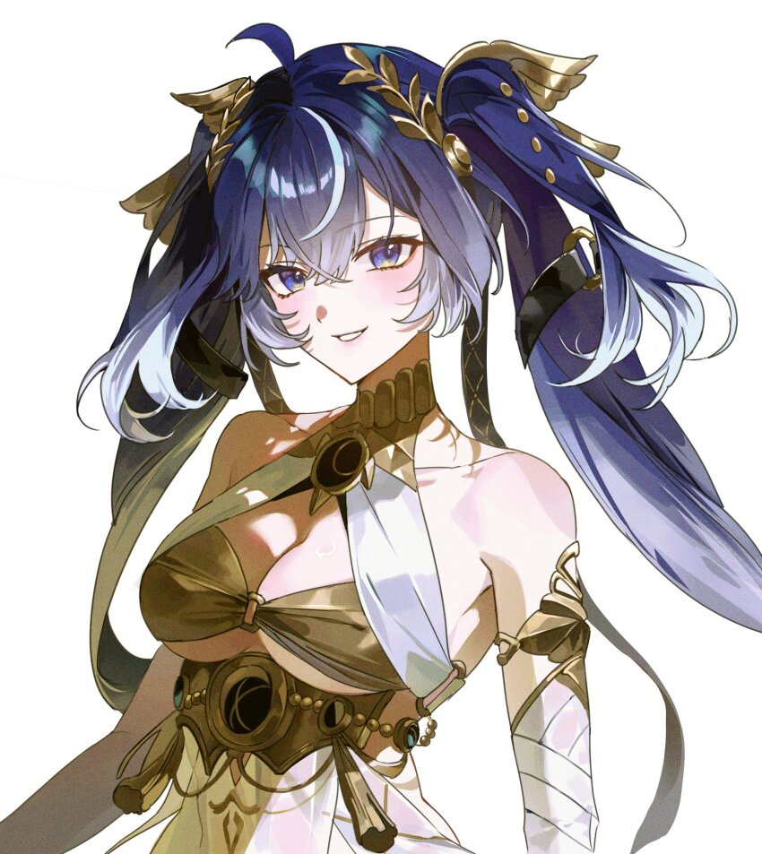 1girl ahoge artistic_error bad_id bad_twitter_id bare_shoulders blue_eyes blue_hair breasts cleavage collarbone commentary fsuusux gold_bra hair_belt hair_between_eyes hair_ornament hashtag-only_commentary head_wreath highres iuno_(wuthering_waves) long_hair looking_at_viewer medium_breasts multicolored_hair parted_lips simple_background smile solo streaked_hair twintails underboob upper_body wuthering_waves