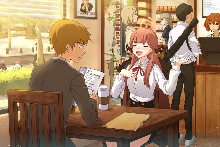 3boys 6+girls aru_(blue_archive) blue_archive brother_and_sister cafe chainsaw_man chair closed_eyes crossover cup disposable_coffee_cup disposable_cup dungeon_meshi english_text falin_touden halo haruka_(blue_archive) highres i_want_you jujutsu_kaisen kanne_(sousou_no_frieren) kayoko_(blue_archive) laios_touden lawine_(sousou_no_frieren) mob_psycho_100 multiple_boys multiple_crossover multiple_girls mutsuki_(blue_archive) okkotsu_yuuta peeking poster_(object) problem_solver_68_(blue_archive) rappa_(sirrappa) reigen_arataka siblings sitting sousou_no_frieren table uncle_sam