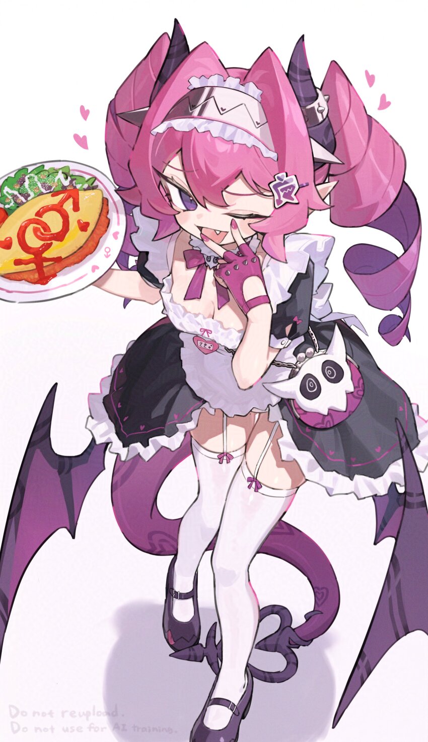 1girl absurdres adversarial_noise bat_wings black_shoes breasts cleavage demon_girl demon_tail dress drill_hair fang food food_writing frilled_headband garter_straps hair_ornament heart highres holding holding_plate interlocked_male-female_and_venus_symbols ketchup looking_at_viewer maid omelet omurice one_eye_closed open_mouth original plate pointy_ears pouch purple_eyes purple_hair purple_ribbon ribbon shoes solo spiked_knuckles tail thighhighs twin_drills v white_thighhighs wings zizi_niisan
